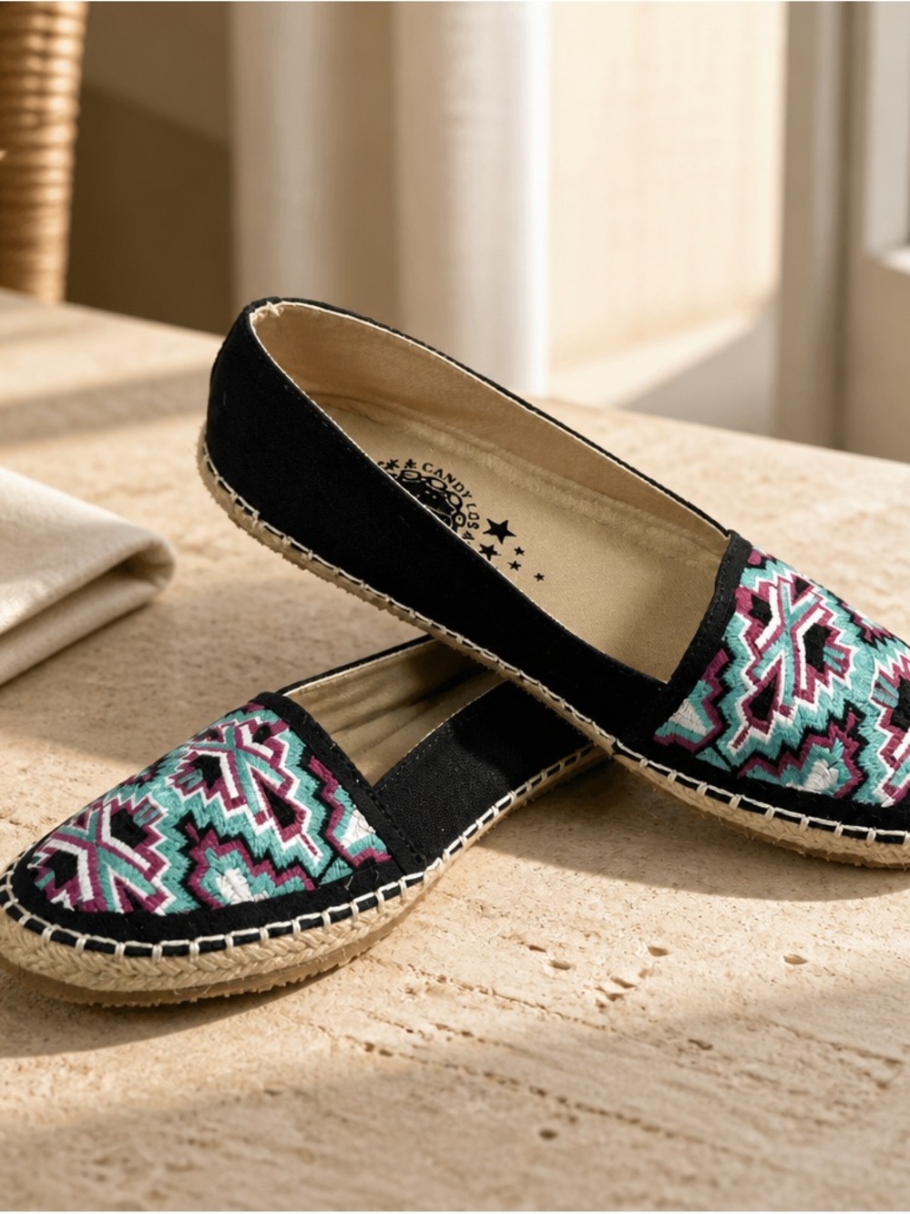 Rock & Candy Black Espadrille Slip-Ons with Pink & Teal Embroidered Pattern - Picture 2 of 9